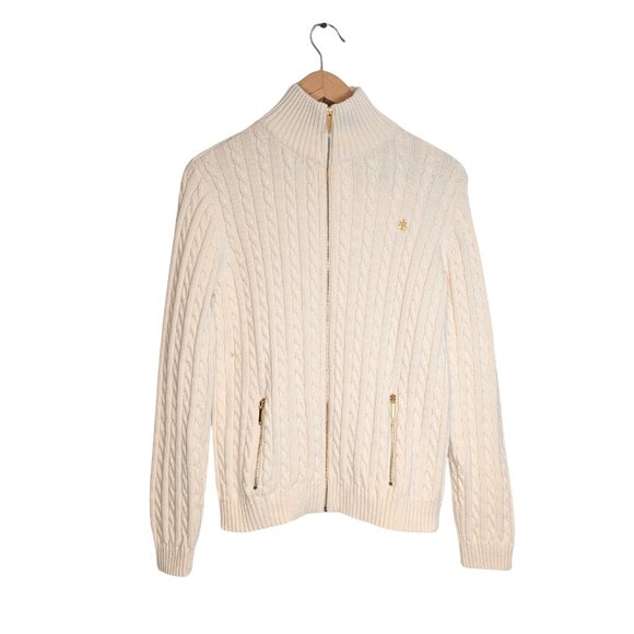 Lauren Ralph Lauren Womens Large Sweater Ivory Cable Knit Full Zip Cotton - Picture 1 of 11